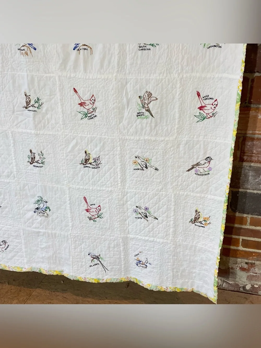 Vintage Embroidered State Bird Quilt 71” x 84”
